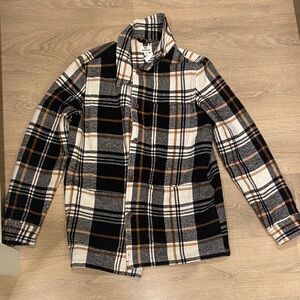 tentree Black White and Brown Plaid Teddy Jacket